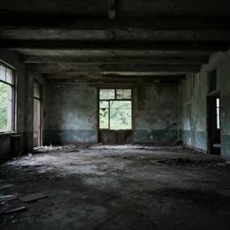 Abandoned building interior, dimly lit