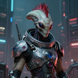 focused portrait painting of a punk rock alien wearing a futuristic space suit, cyberpunk city in background, mood lighting, in the style of HRGiger, 8K