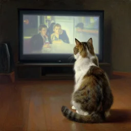 a cat watching movie, painting by gaston bussiere, craig mullins