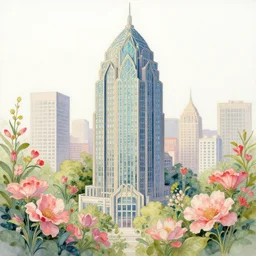 a painting of an art - deco cityscape surrounded by flowers, a watercolor and matte painting by mark keathley and mandy jurgens and charlie bowater, cgsociety, artdeco, utopia art, bold colors, sci - fi, artstation hq