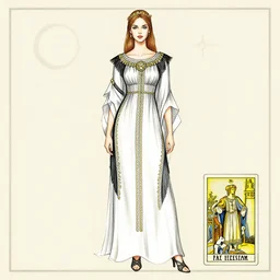 fashion illustration by pamela colman smith, inspired by the rider waite tarot, simple medieval background, clean lines