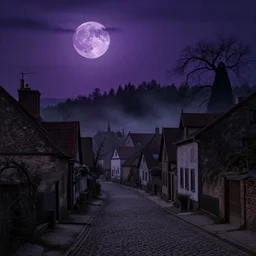 in the style of gerald brom, caravaggio, beautiful small town, houses and buildings, 1 8 0 0 s, cobblestone roads, low light, purple low large moon, evil dark witch black magic, trees, forest in the distance, light mist