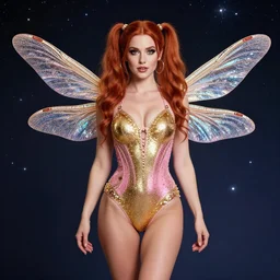 beautiful full body portrait of a ginger woman in pigtails!!!, wearing a sparkling gold and pink one piece swimsuit, with giant!! dragonfly wings, by wlop and artgerm, steampunk! fiction, detailed eyes, starry background, trending, on artstation.