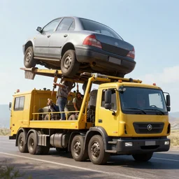 a tow truck hauling a car, hyper realistic, extremely detailed, raytracing, art by artgerm, greg rutkowski and alphonse mucha, artstation, octane render