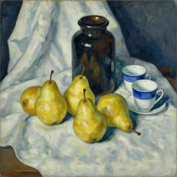 still life of pears, jars and cups over drapery, artwork by egon schiele