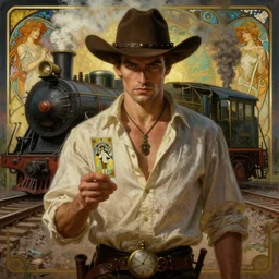 a dramatic ethereal epic symmetrical painting of a handsome villainous cowboy | background is train locomotive steam engine railroad tracks | his shirt is unbuttoned and he has a pocketwatch | tarot card, art deco, art nouveau, steampunk, homoerotic, realistic | by louis comfort tiffany and alphonse mucha | artstation
