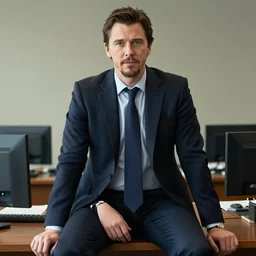 portrait of christian bale in an office sitting on top of an office table acting in the role of patrick bateman in the movie american psycho, professional portrait, poster, scenic, beautiful, day time, office, sun light, natural light