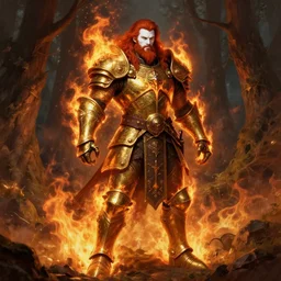 full body picture of male steampunk pyromancer, burning brass armor, ornamental, burly, white skin, long red hair, beard, high fantasy, burning forest background, highly detailed, two arms, detailed face, smooth, sharp focus, digital painting, by artgerm and greg rutkowski and alphonse mucha