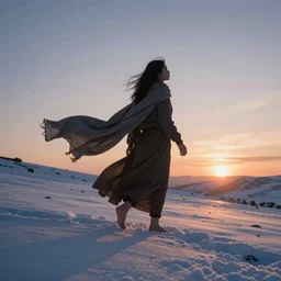 Himalayan woman walking barefoot in the snow, beautiful flowing fabric, sunset, dramatic angle, cold, lost, hopeless, dynamic pose, 8k hdr pixiv dslr photo by Makoto Shinkai ilya kuvshinov and Wojtek Fus