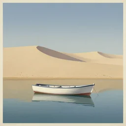 a boat in first plan floating on stylized water on bassin d'arcachon a sand dune in background surronded by the sky, australian tonalism, pale gradients design, matte drawing, clean and simple design, outrun color palette. a vintage neo retro poster painted by Morandi, Agnes Pelton