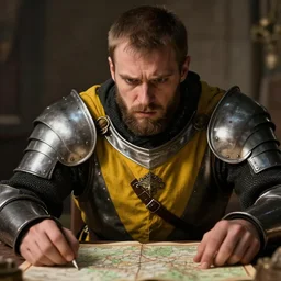 Closeup of frustrated and acerbic male medieval sergeant with a short!!!! beard wearing a {black and yellow tabard} over a steel breastplate and a black gambeson looking at a map on a table, intricate, dramatic lighting illustration by Greg Rutkowski, {perfect face}, {perfect eyes}, fantasy