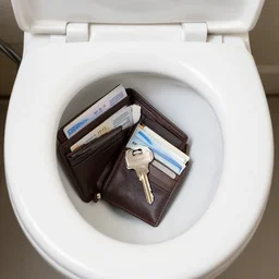 toilet full of wallet id card and keys