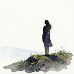 water color sketch of woman in silhouette atop a hill overlooking a green expanse with a yellow-blue sky artistic stylish