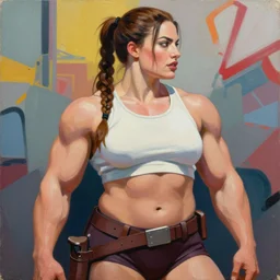 greg manchess portrait of margot robbie as thick female bodybuilder lara croft, epic grimdark, fantasy, medium shot, asymmetrical, profile picture, organic painting, sunny day, matte painting, bold shapes, hard edges, street art, trending on artstation, by huang guangjian and gil elvgren and sachin teng