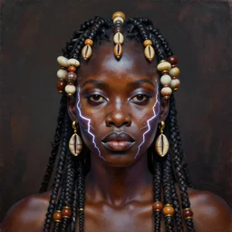 “sango God of thunder plaited beads hair cowry Nigerian lightning facial details proportionate dark skinned symmetrical digital art oil painting Edward hooper”