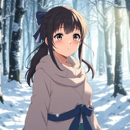 highly detailed anime girl walking through snowy forest, upper body shot, beautiful face and eyes. key visual by haruko ichikawa, kyoto animation, square enix makoto shinkai,