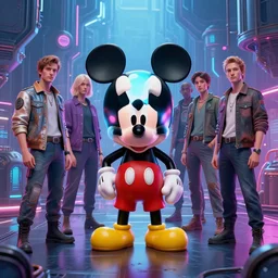 a group of people standing around a mickey mouse, cyberpunk art by kuno veeber, cgsociety, retrofuturism, dystopian art, reimagined by industrial light and magic, # vfxfriday