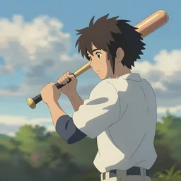a person holding a baseball bat on a cloudy day, very wide lens, a matte painting by makoto shinkai, cgsociety, color field, speedpainting, polycount, artstation hq