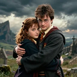 Katniss Everdeen hugs Harry Potter, digital art by Greg Rutkowski, intricate, sharp focus, cinematic, epic, artstation