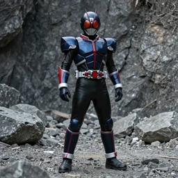 Kamen Rider standing in a rock quarry, single character full body, 4k, glowing eyes in helmet, rock quarry location, daytime, black rubber suit, pvc armor, dark blue with red secondary color armor, techno organic armor, ultra realistic, moody colors, ultra realistic, Beautiful Cinematography