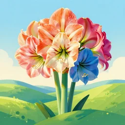 digital illustration of a field of giant multi - colored amaryllis flowers by dr. seuss, reimagined by ilm and beeple : 1 | megaflora by dr. seuss, spectral color, rolling hills : 0. 9 | fantasy, cinematic : 0. 9 | unreal engine, octane, finalrender, deviantart, artstation, artstation hq, behance, hd, 1 6 k resolution : 0. 8