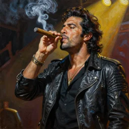 an oil painting of uncle joey diaz smoking a cuban cigar blunt, on stage, ultra realistic, highly detailed, masterpiece, cinematic by greg rutkowski, frank frazetta, beeple, christian macnevin, beeple, wlop, krenz cushart, epic fantasy character art, volumetric lighting, cgsociety