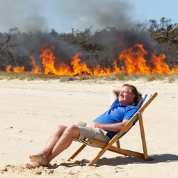 australian prime minister scott morrison relaxing on a beach chair, background on fire, wild fire, bush fire, forrest fire, bright sunny day, sandy beach, photography, perfect focal length, sharp focus
