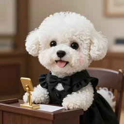 a closeup photorealistic photograph of a cute smiling knitted white bichon judge dog dressed in a black gown issuing a sentence. indoors, professional capture, well lit shot. this 4 k hd image is trending on artstation, featured on behance, well - rendered, extra crisp, features intricate detail, epic composition and the style of unreal engine.