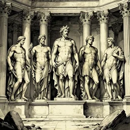 extremely detailed illustration by bernie wrightson of a destroyed panteon with 7 statues of extint forgotten gods