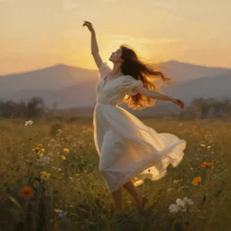 oil painting portrait of a young woman with long flowing hair in a white dress, dancing through a field of flowers at sunset with mountains in the background, hazy, digital art, chiaroscuro, artstation, cinematic, golden hour, digital art painting by greg rutkowski, william - adolphe bouguereau, hazy atmosphere, flowers, cinematic lighting