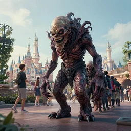 distant photo of a disgusting horrifying lovecraftian creature waiting in line at disneyland, high resolution photo