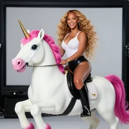 special needs Beyoncé riding a brain damaged unicorn. Massive grin. Mad TV. Cinematic Still.