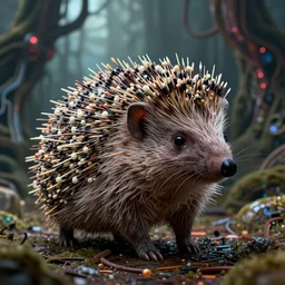 intricate hedgehog with optic fibers instead of needles, on the background of a weird magical mechanical forest. Very detailed 8k. Fantasy cyberpunk horror. Sharp. Cinematic post-processing. Unreal engine. Nanite. Ray tracing. Parallax. Tessellation