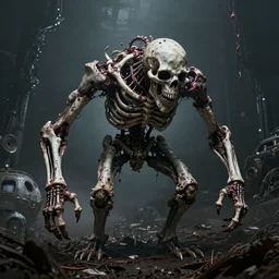 monster made of bones and rotten flesh , abandoned space ship, dark, atmospheric , depressive