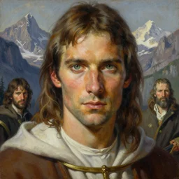 a highly detailed portrait painting of a male fantasy priest with piercing eyes, mountain setting, by michael whelan and raymond swanland and boris vallejo
