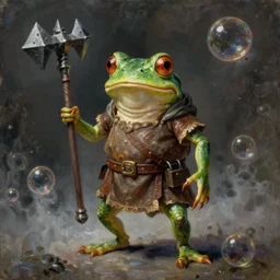 anthropomorphic bipedal frog that is dressed as a medieval worker, and wielding a spiked mace, as a matte oil painting, d & d character reveal, by alex grey, standing, fullbody, floating bubbles, fog, mystic, concept art, award - winning, extremely detailed, sharp focus