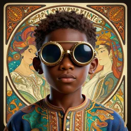 colourful vfx upper half - 3 d portrait - art of a nigerian boy wearing steam punk goggles, art by utagawa kunisada, james jean & alphonse mucha, symmetrical, intricate detail, concept art, volumetric light, ray tracing, caricature, digital illustration, octane 3 d render, unreal engine, sharp, pinterest, behance, art station,