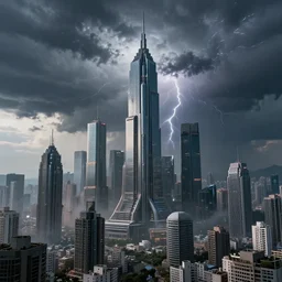 Wide shot of colossal futuristic megacity towering across the landscape, thunder storm, Ralph McQuarrie, EOS-1D, f/16, ISO 800, 1/160s, 8K