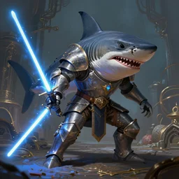 anthropomorphic thresher shark with legs in knight armor, holding lightsaber, fantasy, digital painting, dramatic lighting, vibrant setting, realistic shading, unreal engine 5, concept art, ultra detailed, intricate environment