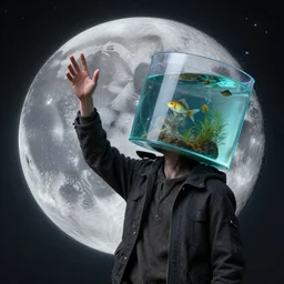 lunatic person wearing a fish tank on the head trying to reach the moon, digital art, very detailed textures