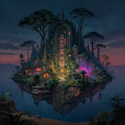 a beautiful detailed painting of nature establishment by noah bradley, vice city at night reclaimed by nature darkacademia neon noir magic realism desert myst at dusk forest architecture island, archdaily, wallpaper, highly detailed, trending on artstation.