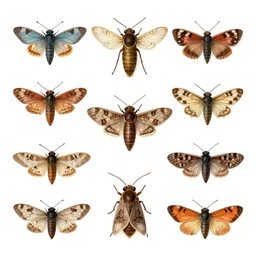 a group of bugs and moths on a white background, an illustration of by earnst haeckel from 1 8 5 8. trending on pinterest, cloisonnism, photoillustration, poster art