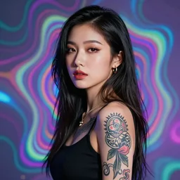 beautiful asian girl with tattoo looking in the camera in psychedelic background, new wave, portrait, 8 k, digital art
