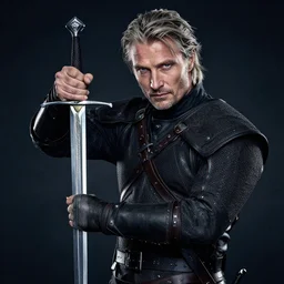 mads mikkelsen as the witcher drawing his silver sword, professional photography, sharp focus, low - key lighting, high contrast, dramatic, studio high resolution photography