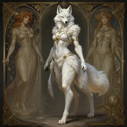 full body photography of a female anthropomorphic albino wolf fursona rogue, deep focus, d & d, fantasy, intricate, elegant, highly detailed, digital painting, artstation, concept art, matte, sharp focus, illustration, hearthstone, art by artgerm and greg rutkowski and alphonse mucha