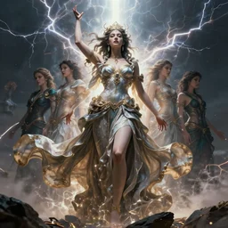 character design by james jean, ruan jia, ilya kuvshinov, martine johanna, jakub rebelka ( ( ( portrait of goddess gaea in seductive luxurious flowy flowery dress ) ) ) emerging from lighting and powerful thunder, sharp edges. ultra detailed, majestic, intricate,
