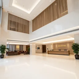 a hotel lobby brightly lit