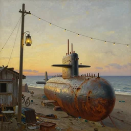 low point of view, low horizon, looking up, painting by dean cornwell, ilya repin, nc wyeth painting, ultra wide, vanishing point, 3 d perspective, beached submarine, incredible, award winning, up close, climbing, beaching, rust, sadness, golden hour, junk town, lanterns, makeshift house, catanary wire, festoon lights, telephone pole