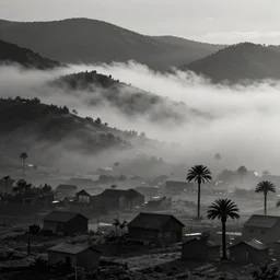 misty landscape of armenia quindio with small houses and some wax palms, flcl style, minimalist, japanese art, emo goth phone wallpaper