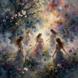an intricate watercolour of dreams, godesses, bebulae, blossom, flowers, lights, colored smoke, prismatic, cinematic dream sequence, hazy, mists clouds, soft focus, artstation, in the style of delphin enjolras.